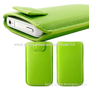 Leather Mobile Phone Pouches for iPhone 5, Made of PU Leather and Retractable Pull-tab